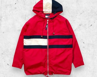 Vintage jaren '90 Tommy Hilfiger Full Zip Flag Logo Jas Windbreaker, Streetwear, M