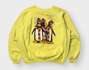 Vintage 80s Hanes Where's The Chicks Penguins shirt met bladerdeeg, pastelgeel, VS XL