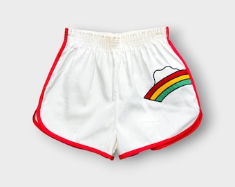 Vintage 80s Rainbow Cloud Running Shorts, Embroidered Stripe, adidas Cotton Pique S