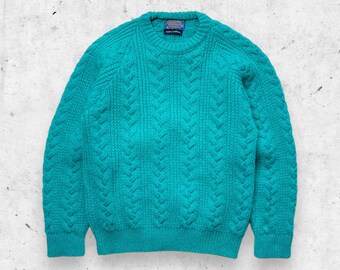 Vintage 90s Pendleton Virgin Wool Sweater, Country Traditionals Cable Knit, Teal M