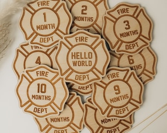 Firefighter Monthly Baby Milestone Discs, Wood Monthly Milestone Marker, Newborn Infant Month and Year Props, Baby Shower, Baby Gift