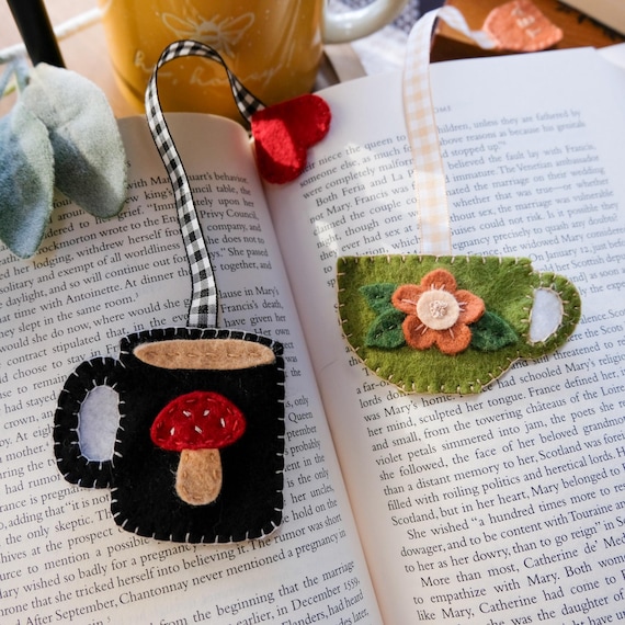 Teacup or Coffee Mug Felt Bookmark with Mushroom and Flower