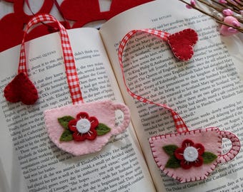 Teacup Wool Felt Valentine Bookmark Flower and Heart