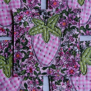 Strawberry Coasters Applique Fabric Gingham and Florals Handmade Quilted Sewn Home Decor