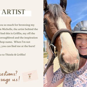 May include: A woman wearing a riding helmet and a pink floral shirt smiles next to a brown horse. The text "ARTIST" is at the top, and the text "Welcome to Thistle & Griffin!" is at the bottom.