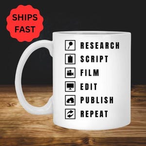 May include: White ceramic coffee mug with a black graphic of a list of steps for filmmaking: Research, Script, Film, Edit, Publish, Repeat.