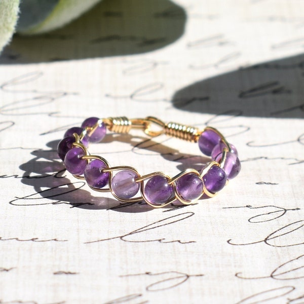 Amethyst Ring, Braided Crystal Ring, Gemstone Ring, Crystal Wire Ring, Dainty Ring, Beaded Ring, Minimalist Ring, Stackable Ring, Amethyst