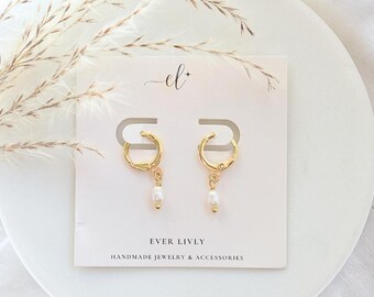 Small Pearl Hoop Earrings- Gold Huggies, June Birthstone, Everyday Earrings