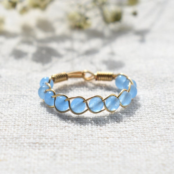 Blue Jade Ring, Braided Crystal Ring, Natural Gemstone Ring, Dainty Ring, Minimalist Ring, Blue Gemstone Ring, Jade Band, Stacking Ring