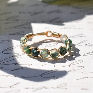 Moss Agate Ring, Braided Wire Crystal Ring, Gemstone Ring, Crystal Wire Ring, Dainty Ring, Dainty Ring Gold, Moss Agate Jewelry, Moss Agate