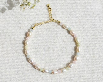 Morganite & Pearl Bracelet, Morganite Bracelet, Beaded Bracelet, Crystal Jewelry, Pearl Bracelet, Morganite Jewelry, Dainty Jewelry