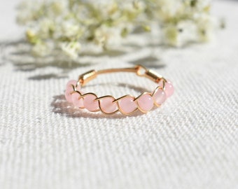 Pink Jade Ring, Braided Crystal Ring, Natural Gemstone Ring, Dainty Ring, Stacking Ring, Jade Band Ring, Minimalist Ring, Pink Crystal Ring