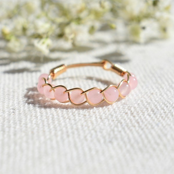 Pink Jade Ring, Braided Crystal Ring, Natural Gemstone Ring, Dainty Ring, Stacking Ring, Jade Band Ring, Minimalist Ring, Pink Crystal Ring