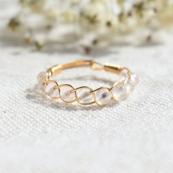 Clear Quartz Ring, Braided Crystal Ring, Gemstone Ring, Beaded Ring, Minimalist Ring, Dainty Ring, Clear Quartz Crystal, Stackable Ring