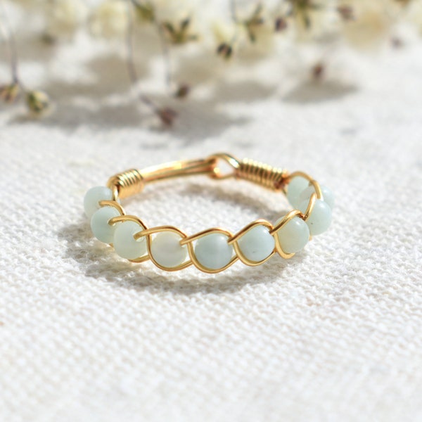 Amazonite Ring, Braided Crystal Ring, Natural Gemstone Ring, Dainty Ring, Beaded Ring, Stackable Ring, Birthstone Ring, Minimalist Ring