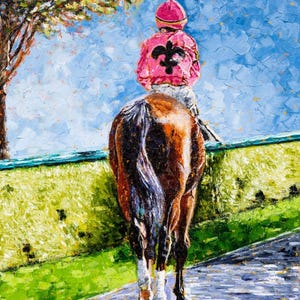 May include: An oil painting depicts a racehorse and jockey from behind. The jockey wears a pink jacket with a black fleur-de-lis and a matching cap. The horse is brown with a dark mane and tail, walking on a gray path.