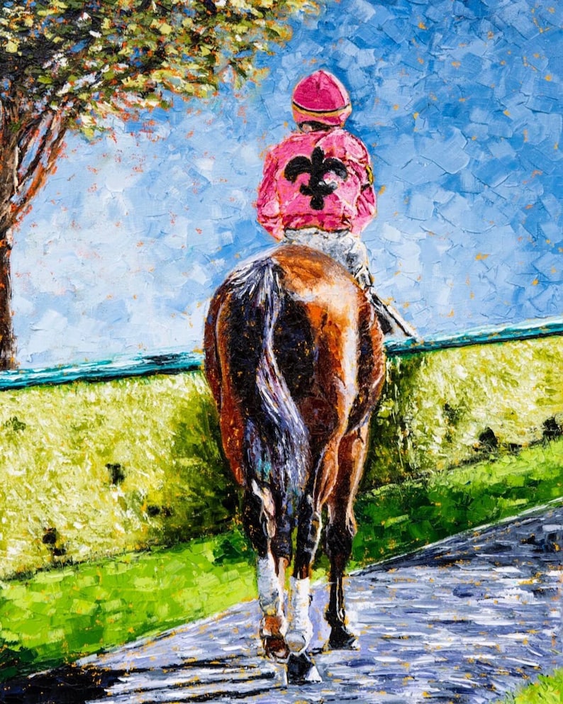 May include: An oil painting depicts a racehorse and jockey from behind. The jockey wears a pink jacket with a black fleur-de-lis and a matching cap. The horse is brown with a dark mane and tail, walking on a gray path.