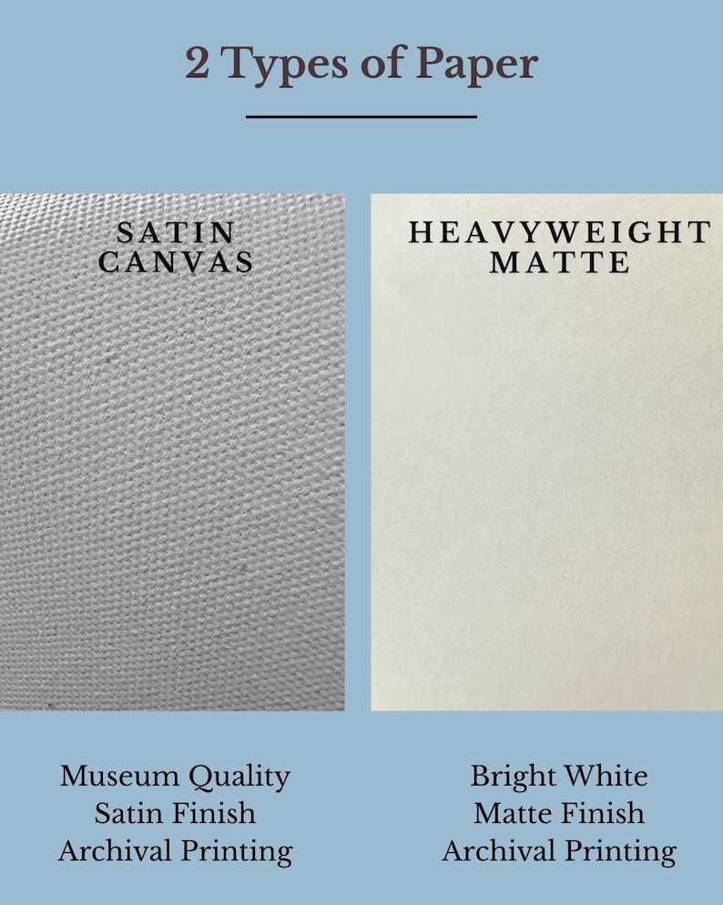 May include: Image showcasing two paper types: Satin Canvas and Heavyweight Matte. The Satin Canvas has a textured, gray appearance, while the Heavyweight Matte is bright white. Text indicates museum-quality satin finish and archival printing for the canvas, and bright white matte finish with archival printing for the matte paper.