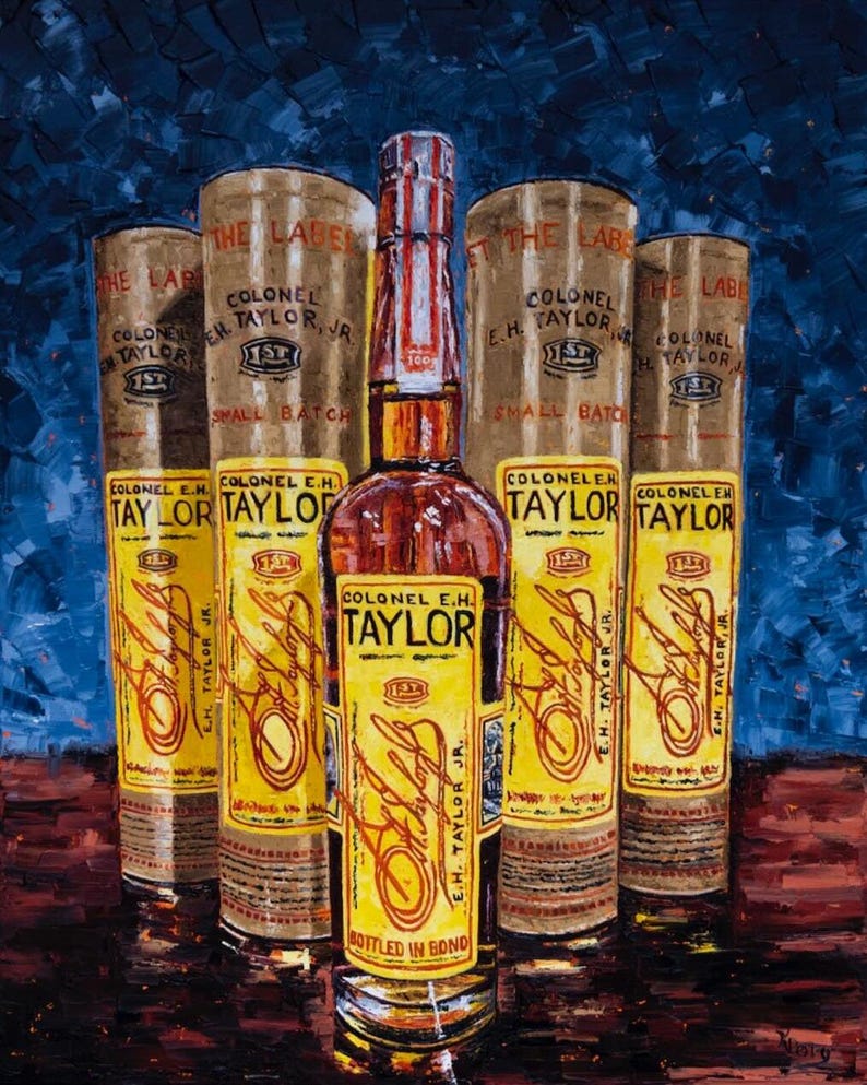 May include: An artistic rendering of Colonel E.H. Taylor bourbon bottles and packaging. The central bottle is amber, with a red and white striped top. The labels are yellow with black text. The background is a dark blue with brown accents.