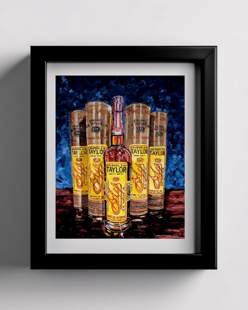 May include: A framed print featuring a central bottle of Colonel E.H. Taylor bourbon, flanked by five glasses. The bottles and glasses have yellow labels with black text and a red seal. The background is a dark blue with a textured appearance.