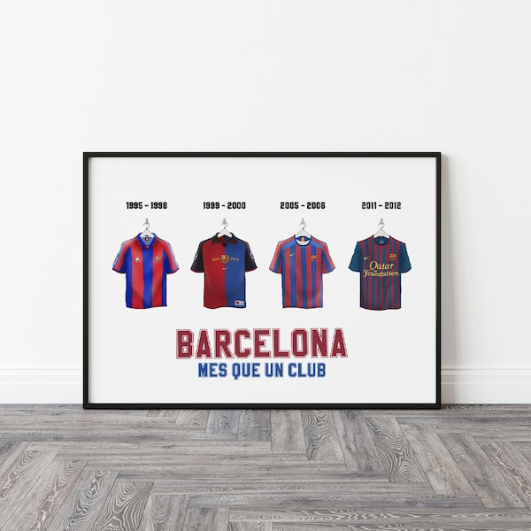 Framed Barcelona Classic Shirts Print. Soccer, football and sports gifts for Men. Retro Soccer, Retro Football. Free Shipping available