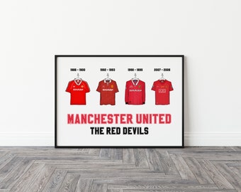 Manchester United Classic Shirts Print. Soccer, football and sports gifts for Men. Retro Soccer, Retro Football. Christmas Xmas gift
