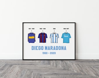 Framed Diego Maradona Classic Shirts Print. Soccer, football and sports gifts for Men. Retro Soccer, Retro Football. Barcelona. Soccer art