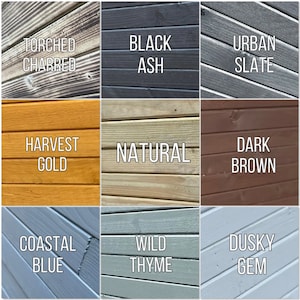 May include: Nine wood samples with different colors and names. Colors include Torched Charred, Black Ash, Urban Slate, Harvest Gold, Natural, Dark Brown, Coastal Blue, Wild Thyme, and Dusky Gem.