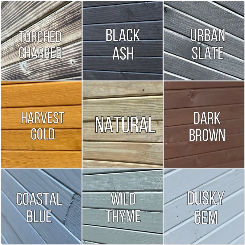 May include: Nine wood samples with different colors and names. Colors include Torched Charred, Black Ash, Urban Slate, Harvest Gold, Natural, Dark Brown, Coastal Blue, Wild Thyme, and Dusky Gem.