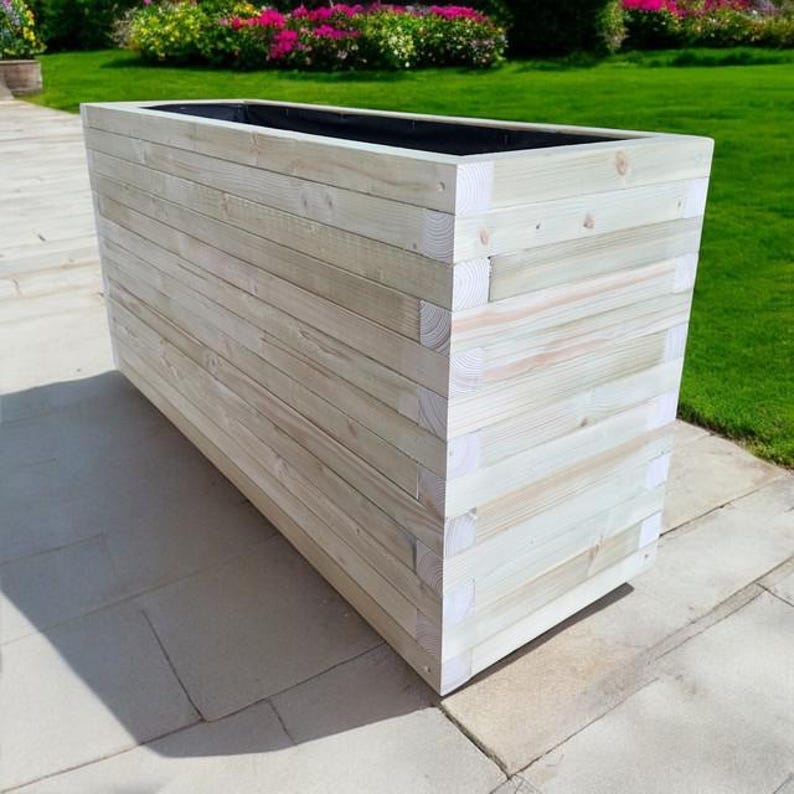 Wooden garden planter trough box raised bed large fully lined pressure treated. Planter plant vegetable soil cheap modern stylish wood outdoor garden commercial restaurant business office shop
