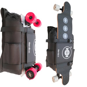May include: A black backpack with a built-in carrying system for an electric skateboard. The backpack has a large main compartment, a smaller front pocket, and adjustable straps. The skateboard is attached to the backpack with a secure strap system. The skateboard has black wheels and a black deck with a white logo that says "GOROCE".