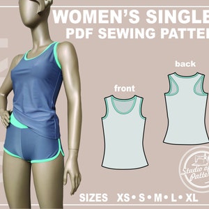 PATTERN WOMEN’S SINGLET. Sewing Pattern Ladies sleeveless t-shirt. Tank top. Digital Pack 5 sizes. Print-at-home