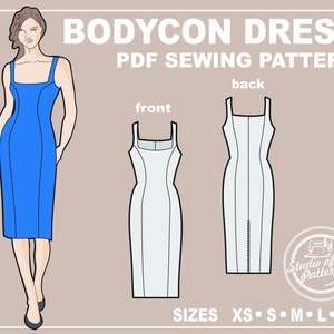 Puede incluir: Un patrón de costura PDF para un vestido de tubo. El patrón incluye instrucciones para la parte delantera y trasera del vestido. El vestido se muestra en azul y blanco. Las tallas incluidas son XS, S, M, L y XL.