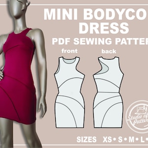 PATTERN BODYCON DRESS. Sewing Pattern Mini Dress. Digital Pack 5 sizes. Instant Download. Print-at-home