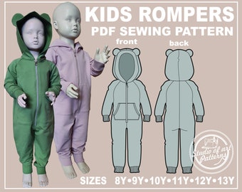Kids Romper Sewing Pattern: Hooded Overalls (PDF Digital Download, 6 sizes 8-13 Years, A4 Print-at-home/A0 Plotter Format)