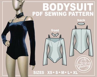 Women's Bodysuit Sewing Pattern with Collar (PDF Digital Download, 5 Sizes XS-XL, A4 Print-at-home/A0 Plotter Format)