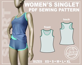 Puede incluir: Un patrón de costura PDF para un top sin mangas, con vista frontal y posterior. El patrón está disponible en las tallas XS, S, M, L y XL. El texto "WOMEN'S SINGLET PDF SEWING PATTERN" está en la parte superior de la imagen. El texto "SPORT" está en el lado izquierdo de la imagen. El texto "Studio of art Patterns" está en un círculo en la parte inferior de la imagen.