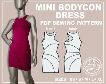 Mini Bodycon Dress Sewing Pattern (PDF Digital, 5 Sizes XS-XL, A4 Print-at-Home/ A0 Plotter)