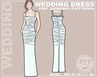 Bridal Gown Sewing Pattern: Draped Wedding Dress with straps (PDF Digital Download, 5 Sizes XS-XL, A4 Print-at-home/A0 Plotter Format)