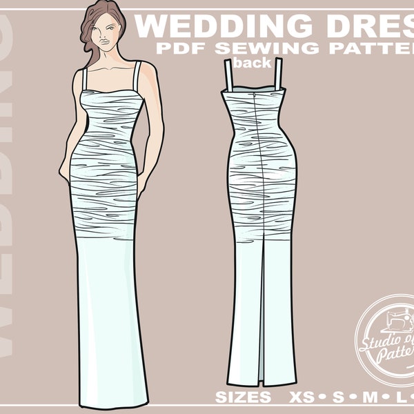 PATTERN WEDDING DRESS. Sewing Pattern Bridal gown featuring draping. Digital Pack 5 sizes. Instant Download.