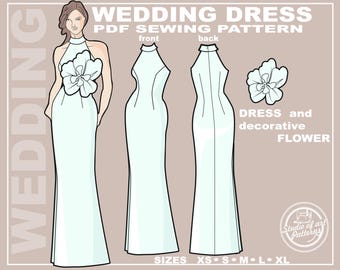SCHNITTMUSTER BRAUTKLEID. Schnittmuster Brautkleid mit Blume. Digital Pack 5 Größen. Print-at-Home-Druck.