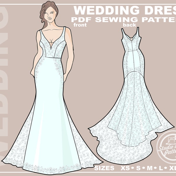 PATTERN WEDDING DRESS. Sewing Pattern Lace Wedding gown. Digital Pack 5 sizes. Instant Download.