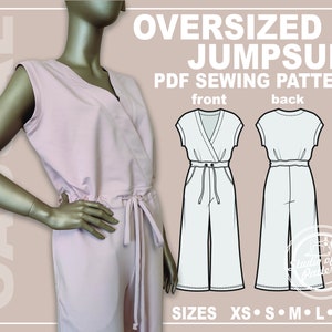 May include: A light pink oversized jumpsuit displayed on a mannequin. The image includes a front view and a back view of the jumpsuit, along with the text "OVERSIZED JUMPSUIT PDF SEWING PATTERN". Sizes XS to XL are listed.