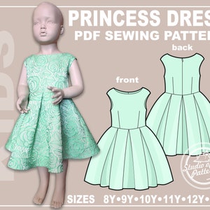 May include: A PDF sewing pattern for a princess dress in sizes 8Y-13Y. The pattern includes instructions for both the front and back of the dress. The dress is sleeveless and has a gathered skirt.
