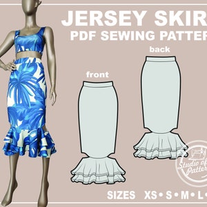PATTERN JERSEY SKIRT. Sewing Pattern Bodycon Skirt with ruffles. Digital Pack 5 sizes. Instant Download. Print-at-home