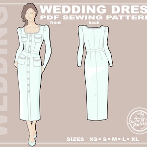 以下が含まれることがあります： 長袖、ポケット、装飾トリム付きの薄い青色のウェディングドレスの縫製パターン。画像には、ドレスの前面図と背面図、およびテキスト「WEDDING DRESS PDF SEWING PATTERN」が表示されています。サイズはXSからXLです。