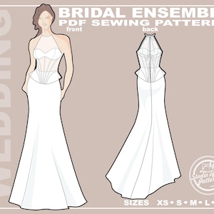May include: A digital illustration of a bridal ensemble PDF sewing pattern featuring a floor-length gown with a halter neckline, a structured bodice with visible boning, and a peplum waist. The text reads WEDDING BRIDAL ENSEMBLE PDF SEWING PATTERN.