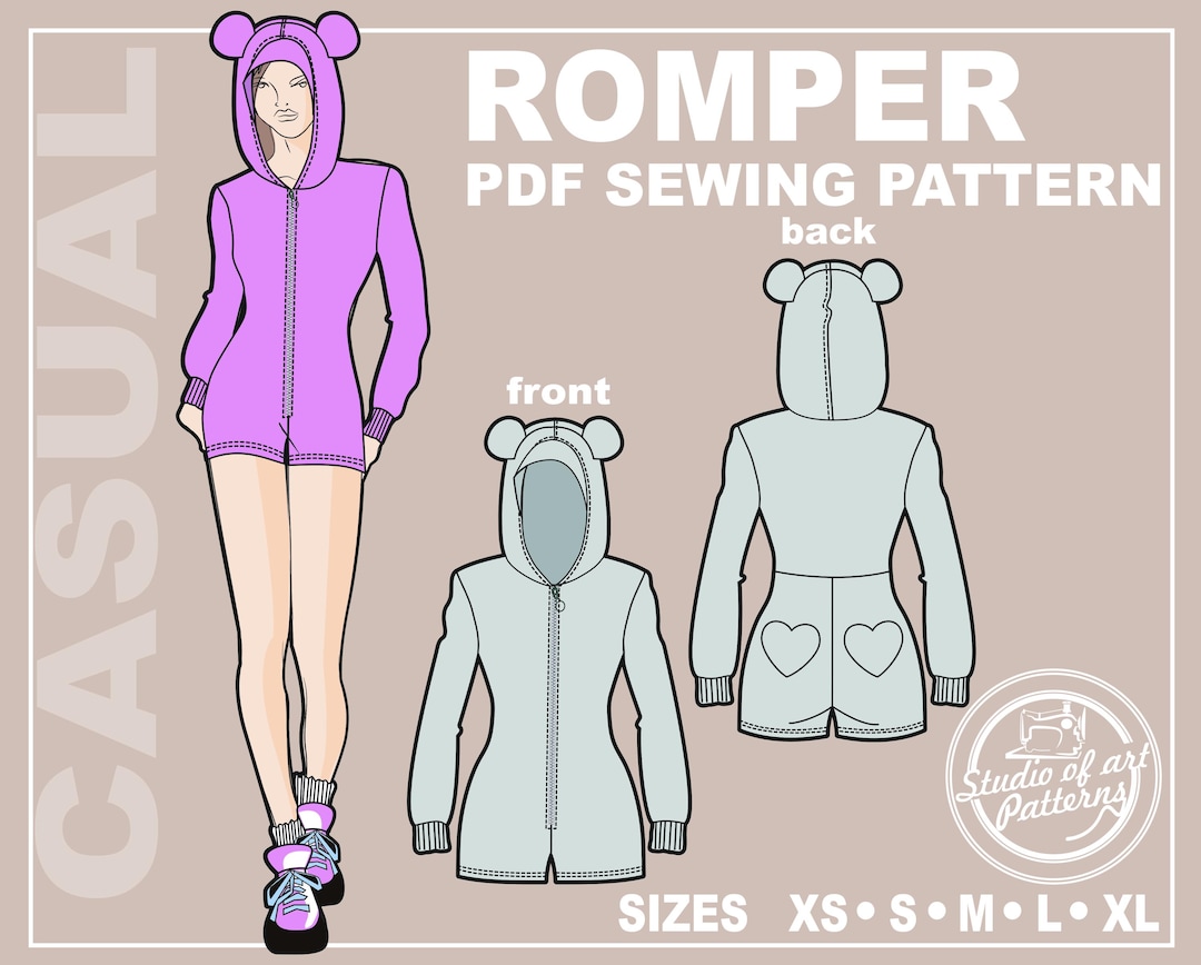 Romper Sewing Pattern With Hood: Heart Pockets (PDF Digital Download, 5 ...