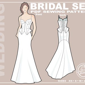May include: A digital PDF sewing pattern for a bridal set featuring a floor-length gown with a corset-style bodice, thin straps, and a peplum waist. The illustration shows front and back views of the dress, labeled with text including WEDDING BRIDAL SET, and size options ranging from XS to XL.