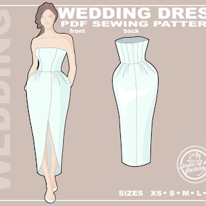Op de afbeelding: Illustratie van een lichtblauwe strapless trouwjurk, voor- en achteraanzicht, met een hoge split. De tekst "WEDDING DRESS PDF SEWING PATTERN" staat boven de jurkillustraties. Maten XS tot XL.